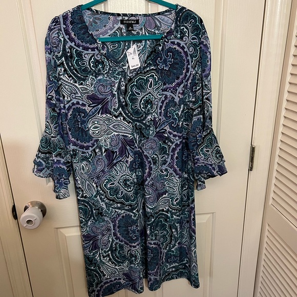 NWT Roz & Ali Purple and Blue Ruffled Bell Sleeve Tunic - Picture 1 of 4